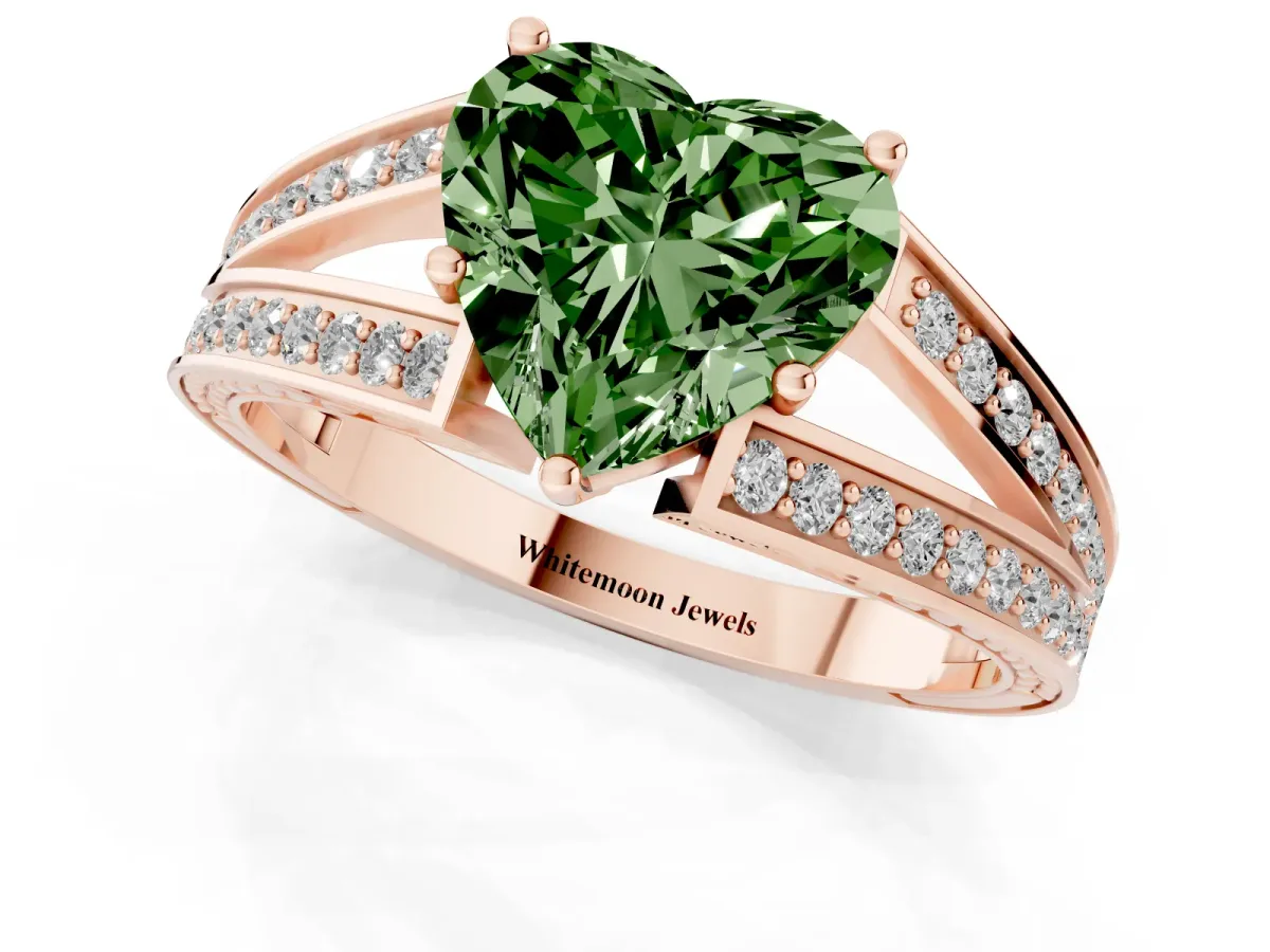Fancy Green Heart Cut Diamond Split Shank Ring with Pavé Band and Four-Prong Setting Rose gold