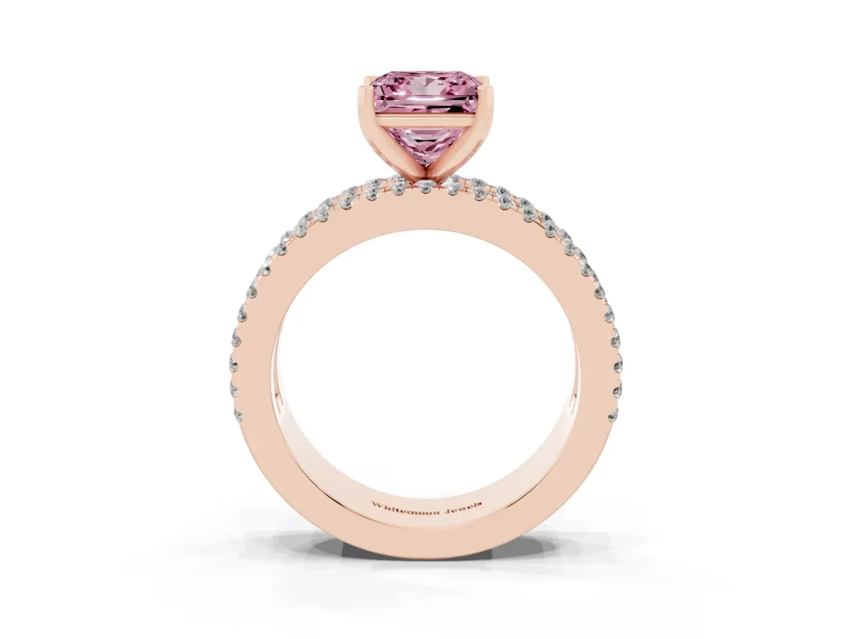 Fancy Pink Princess Cut Diamond Solitaire Ring with Pavé and Channel Set Band Rose gold