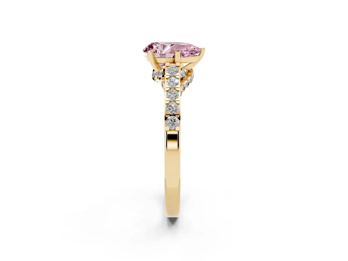 Fancy Pink Pear Cut Diamond Solitaire Ring with Crossover Gallery and Round Pavé Band Yellow gold