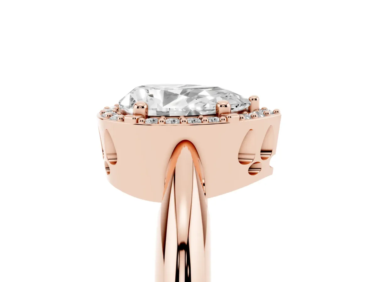 Pear Cut Cut Diamond Halo Engagement Ring with Split Shank and Four-Prong Setting Rose gold