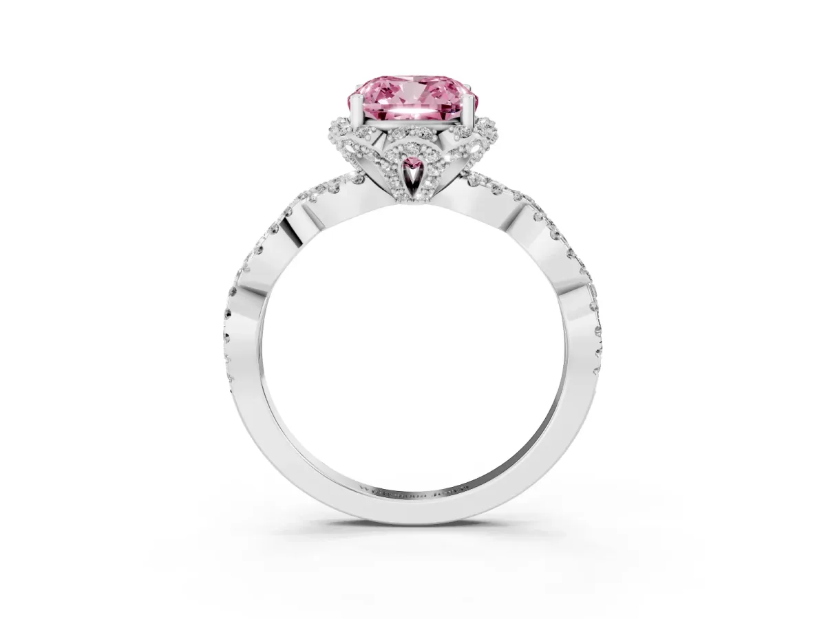 Fancy Pink Cushion Cut Halo Twist Band Solitaire Ring with Six-Prong Setting White gold
