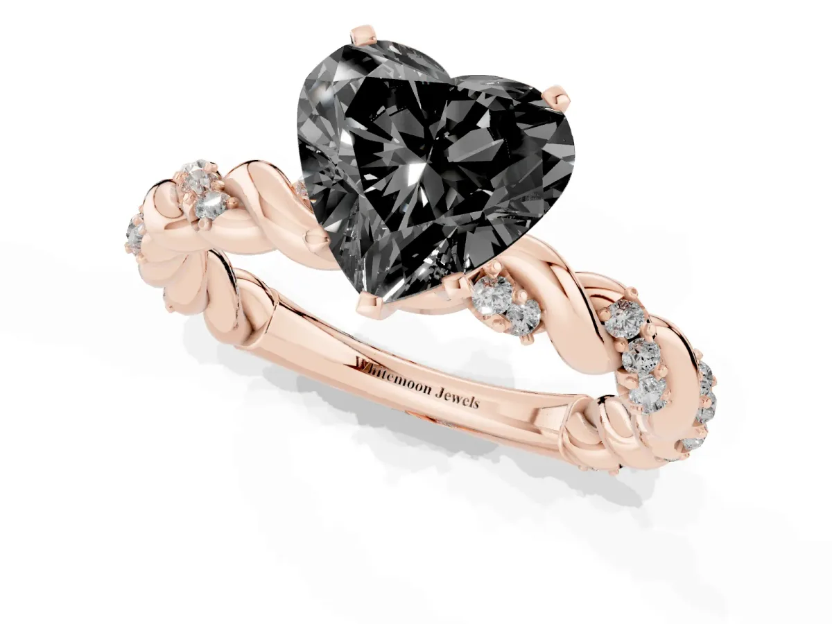 Fancy Black Heart Cut Diamond Solitaire Ring with Twisted Band and Pavé Accents Rose gold
