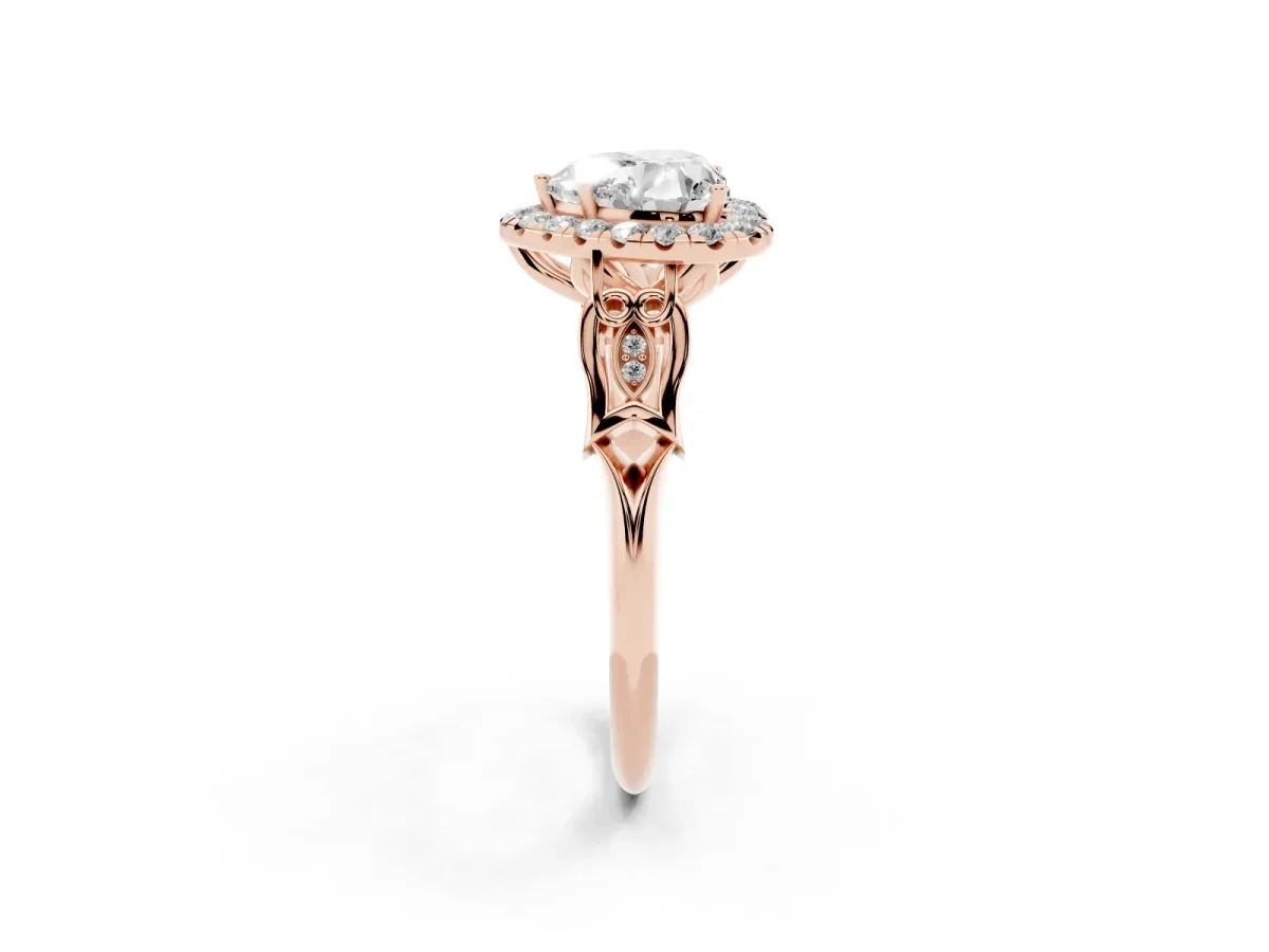 Heart Cut Halo Diamond Engagement Ring with Filigree Band and Four-Prong Setting Rose gold