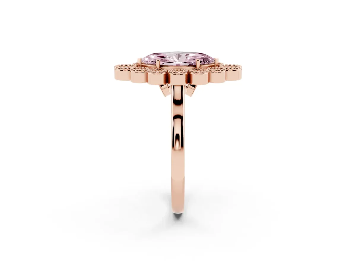 Fancy Pink Marquise Cut Halo Diamond Cluster Engagement Ring with Milgrain Bezel Setting and Solitaire Band Rose gold