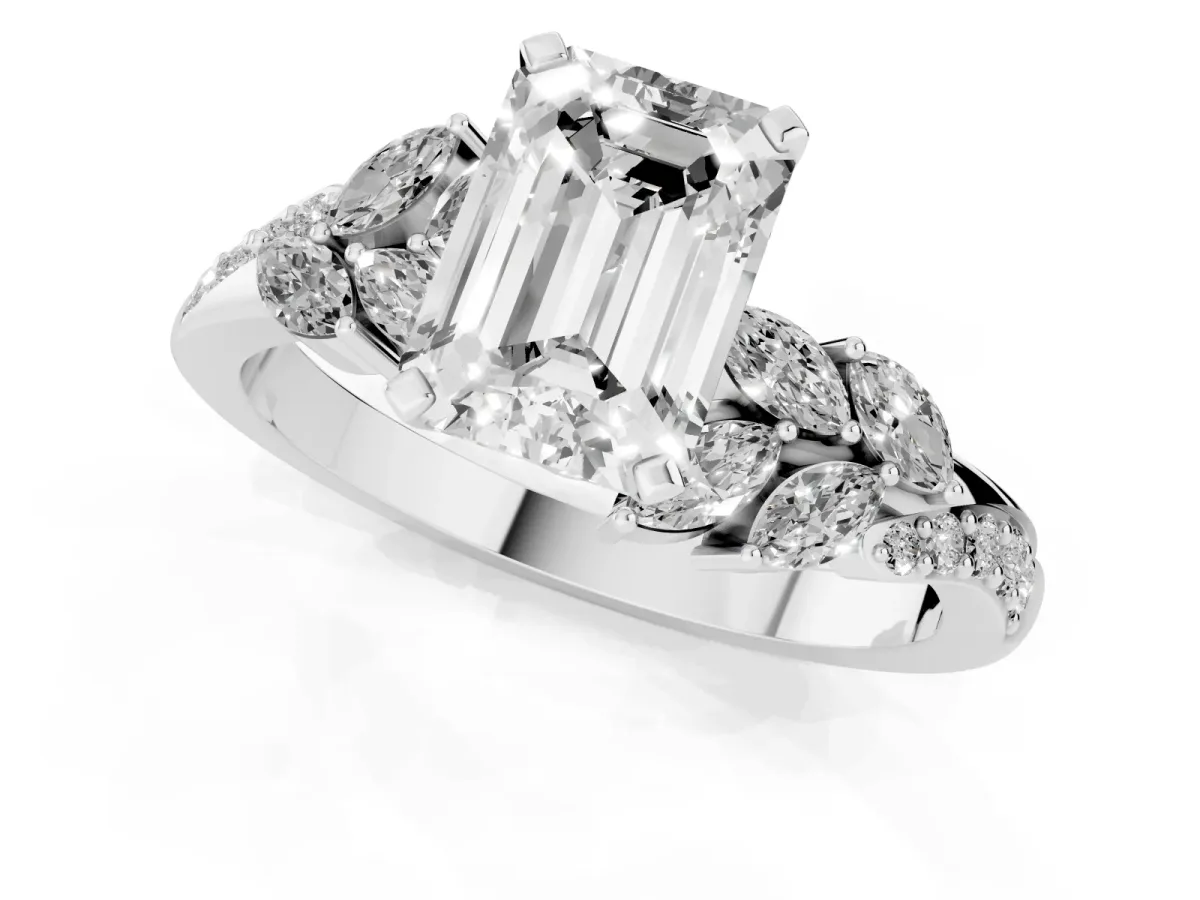 Emerald Cut Solitaire Marquise Twist Band with Six-Prong Setting Silver