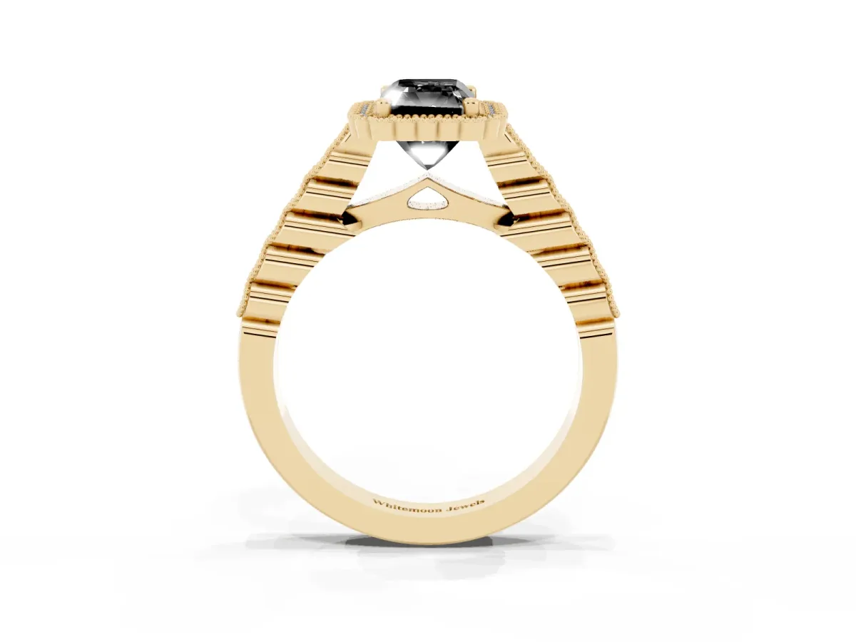 Fancy Black Radiant Cut Cut Halo Pavé Solitaire Ring with Milgrain Band Yellow gold