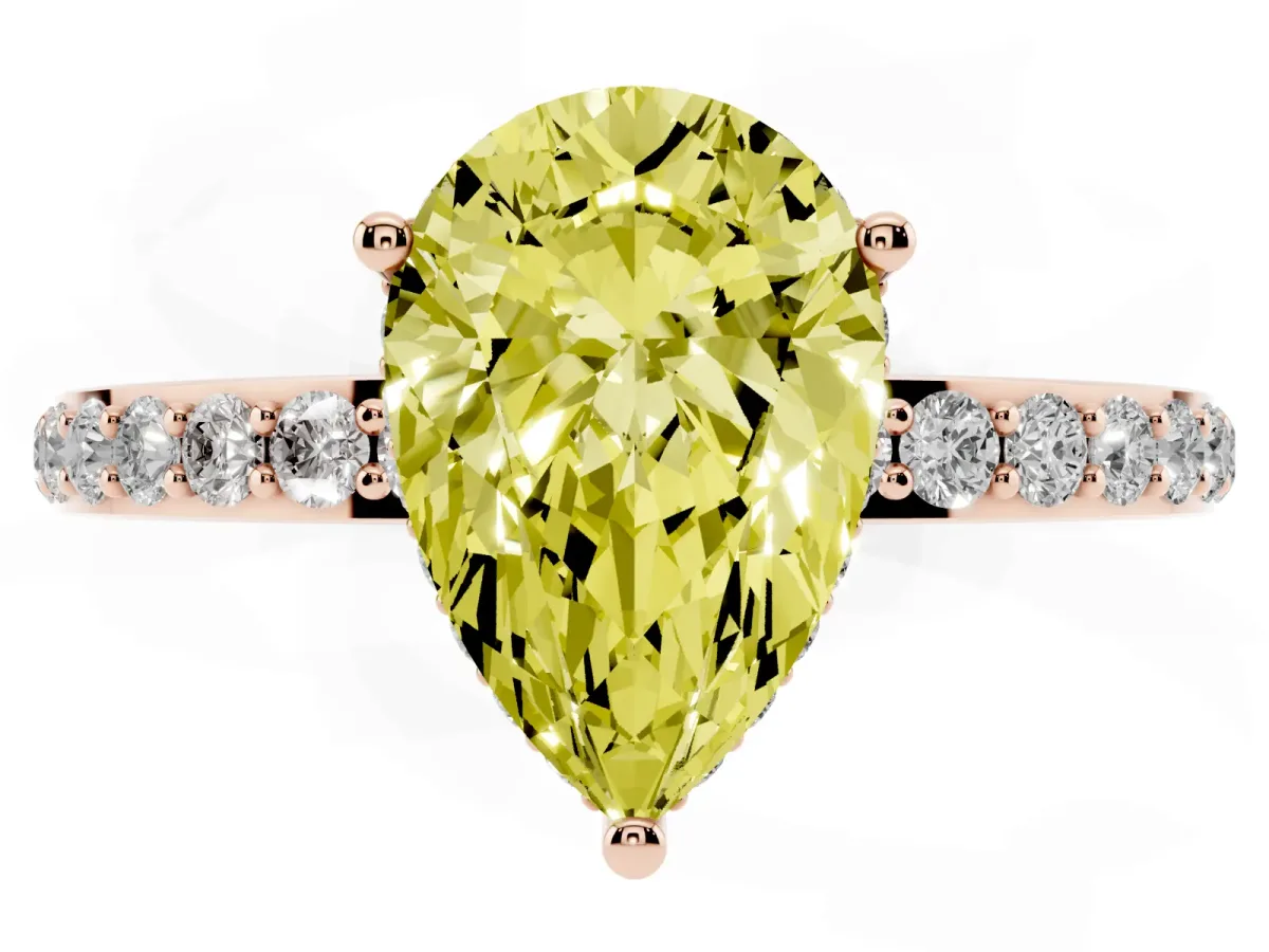 Fancy Yellow Pear Cut Diamond Solitaire Ring with Pavé Band and Hidden Halo Rose gold