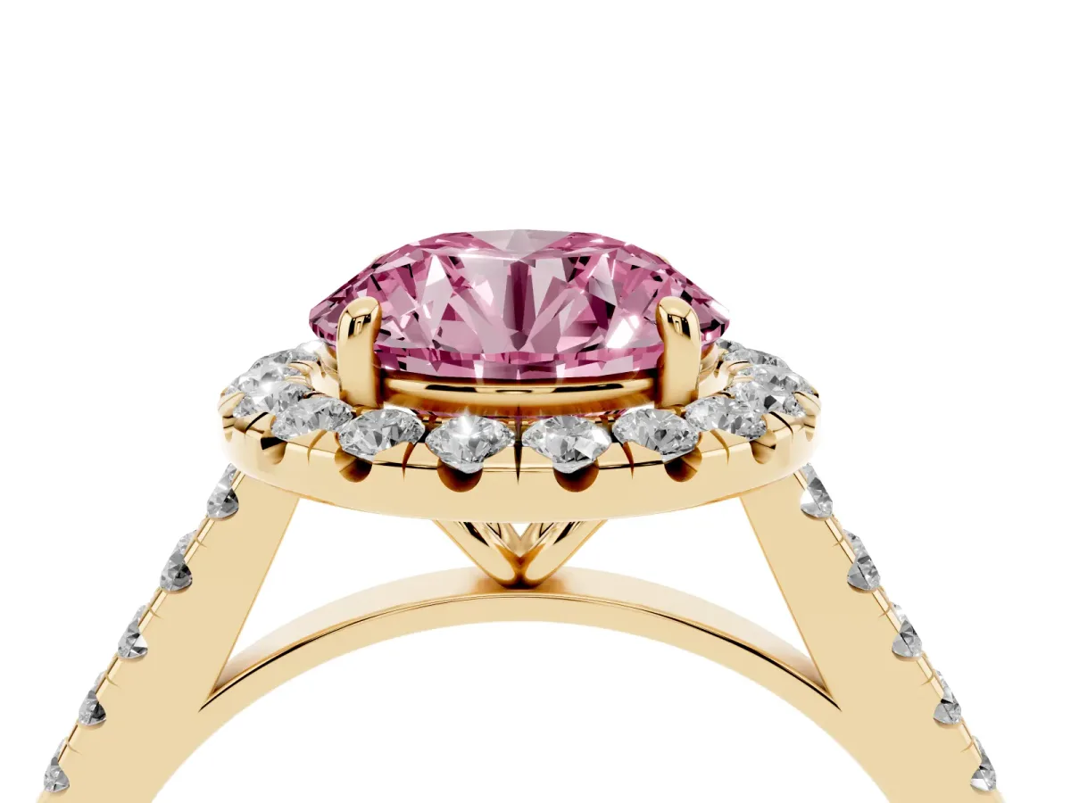 Fancy Pink Round Cut Halo Pave Diamond Engagement Ring with Four-Prong Setting Yellow gold