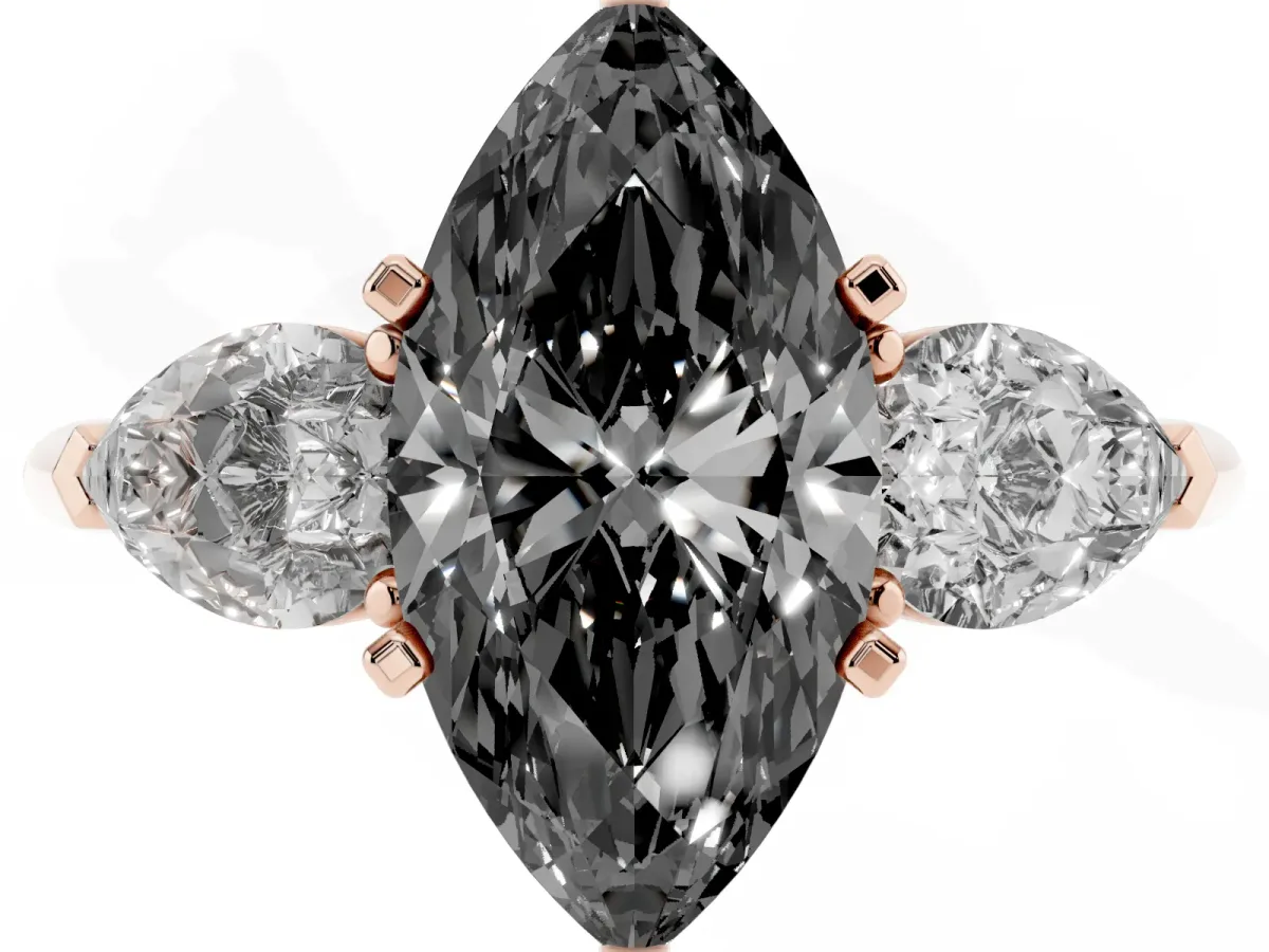 Fancy Black Three-Stone Marquise Cut Diamond Ring with Pear Side Stones and Four-Prong Setting Rose gold