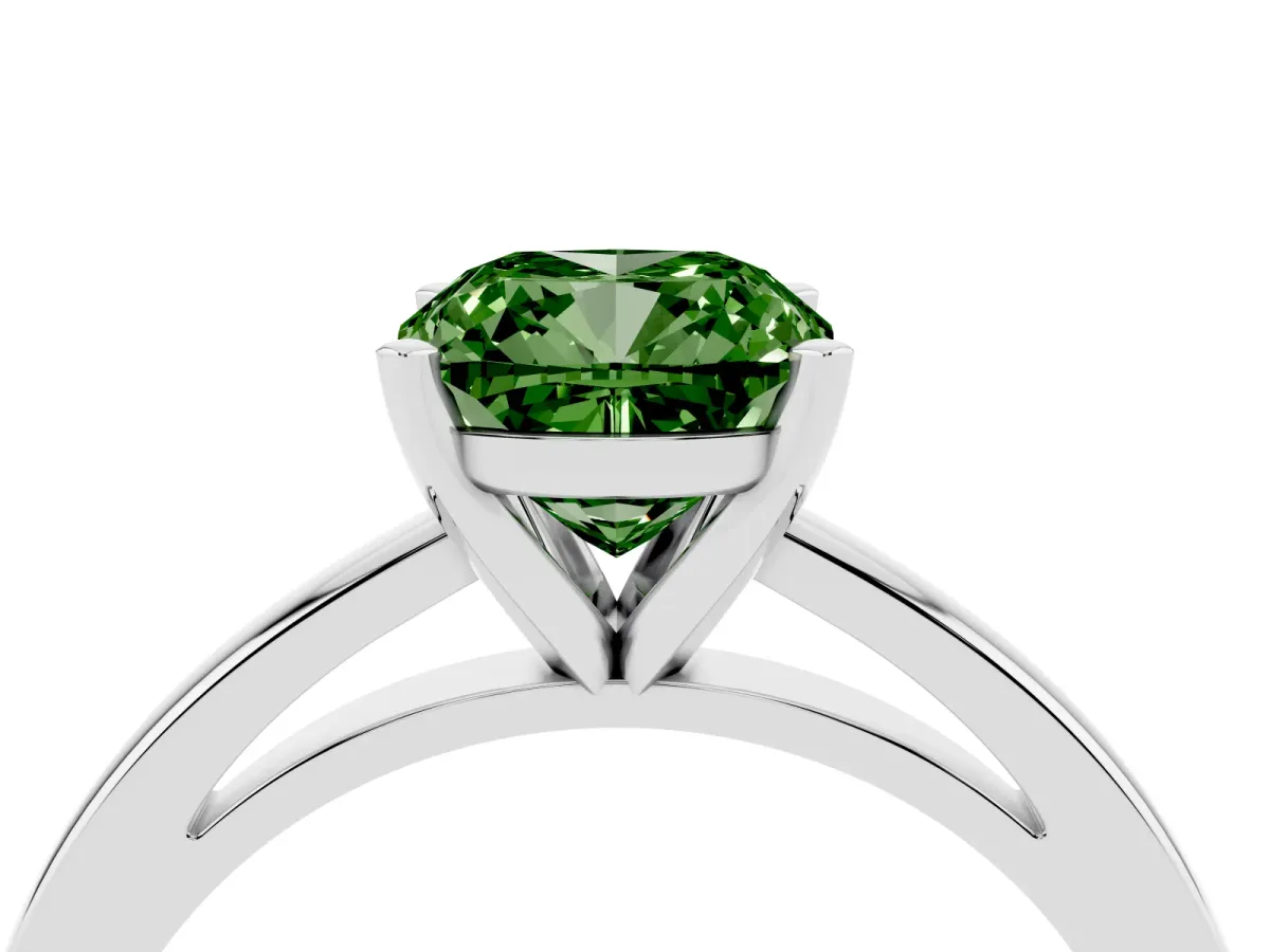 Fancy Green Cushion Cut Solitaire Diamond Engagement Ring with Four-Prong Setting on a Classic Band Silver