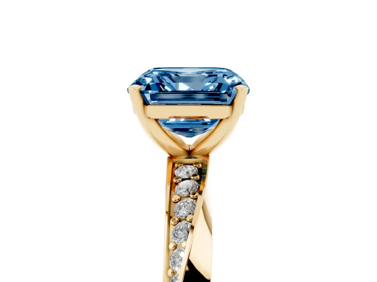 Fancy Blue Asscher Cut Diamond Engagement Ring with Side Stone Accents and Four-Prong Setting Yellow gold