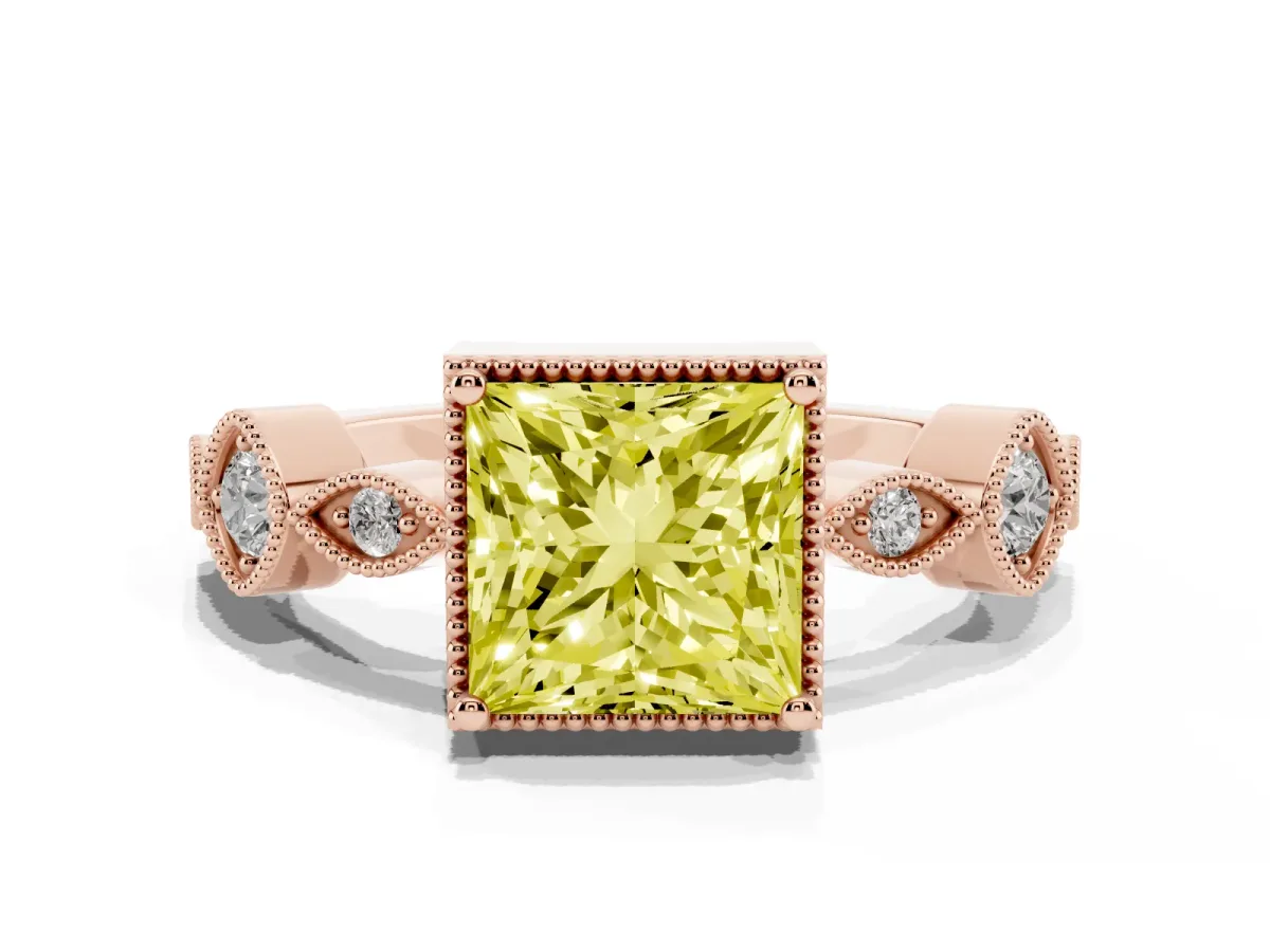 Fancy Yellow Princess Cut Diamond Vintage Milgrain Ring with Round Stations Rose gold