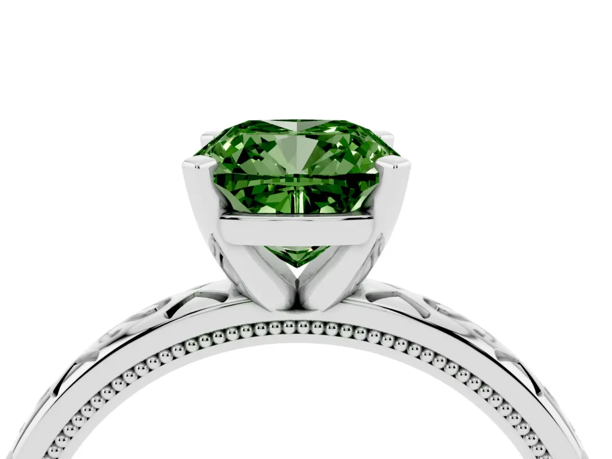 Fancy Green Cushion Cut Solitaire Engagement Ring with Scrollwork Band and Four-Prong Setting Platinum