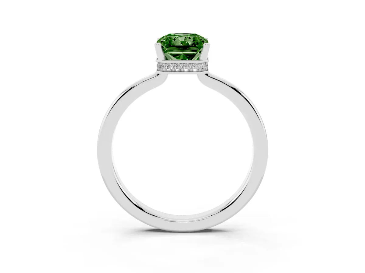 Fancy Green Radiant Cut Cut Solitaire Engagement Ring with Four-Prong Setting on a Classic Band Silver