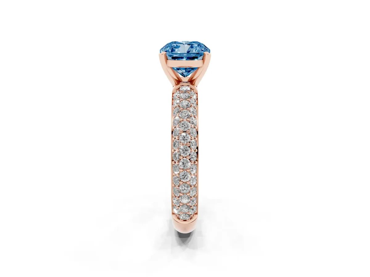 Fancy Blue Cushion Cut Diamond Solitaire Ring with Prong Setting and Pavé Band Rose gold