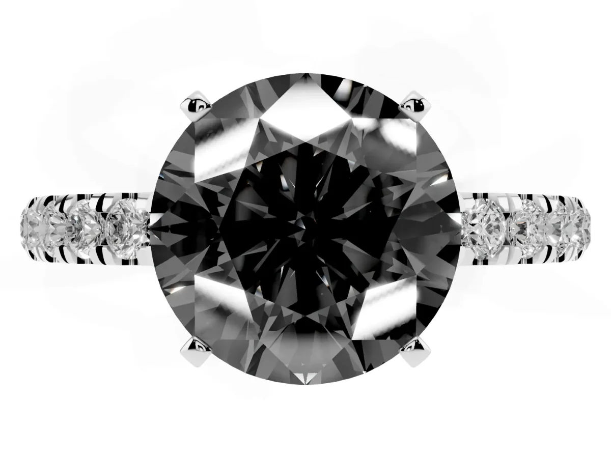 Fancy Black Round Cut Diamond Solitaire Ring with Pavé Accents and Four-Prong Setting White gold