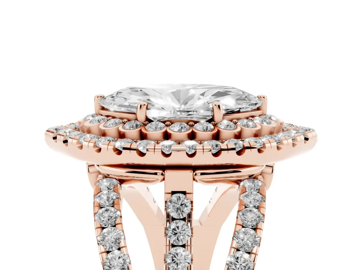 Marquise Cut Diamond Double Halo Ring with Round Pavé Split Shank and Prong Setting Rose gold