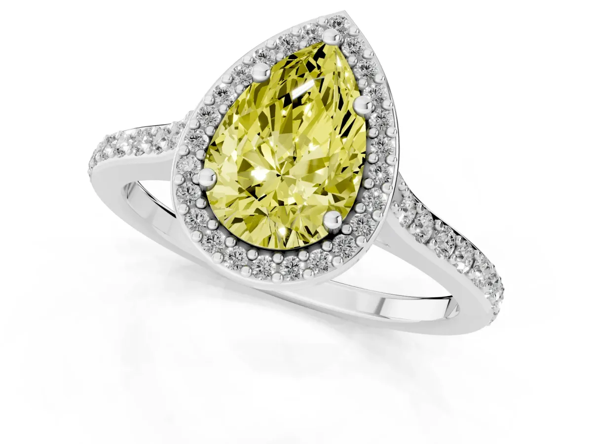 Fancy Yellow Pear Cut Diamond Halo Engagement Ring with Round Pavé Shoulders and Prong Setting White gold