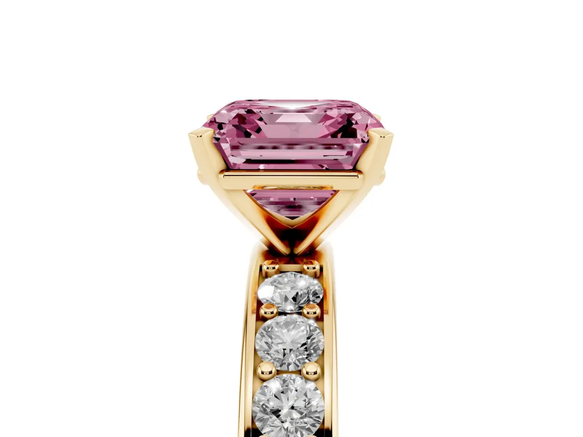 Fancy Pink Asscher Cut Diamond Engagement Ring with Channel Set Round Band and Prong Setting Yellow gold