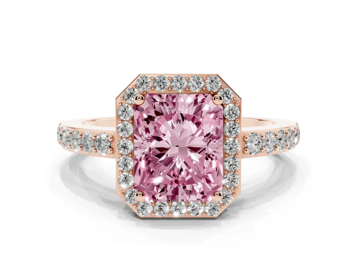 Fancy Pink Radiant Cut Halo Diamond Pavé Band Ring with Prong Setting Rose gold