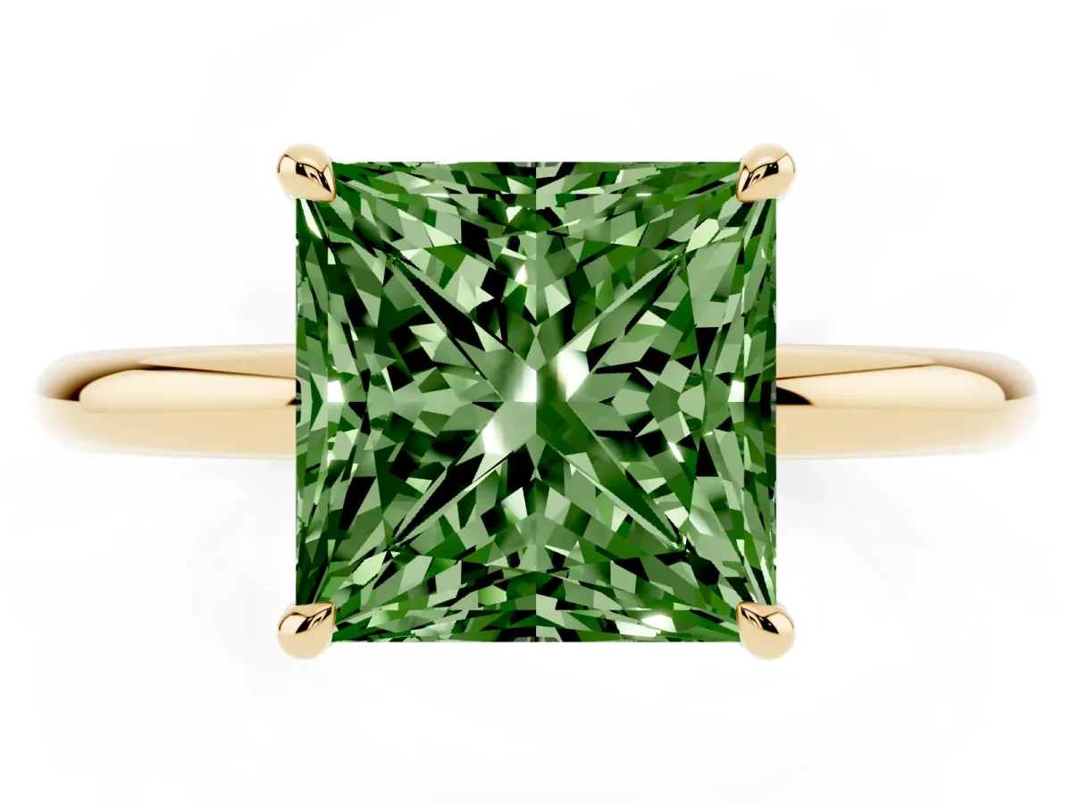Fancy Green Princess Cut Diamond Solitaire Ring with Thin Band and Four-Prong Setting Yellow gold