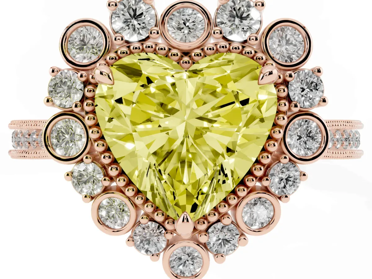 Fancy Yellow Heart Cut Halo Milgrain Pave Diamond Ring with Four-Prong Setting Rose gold