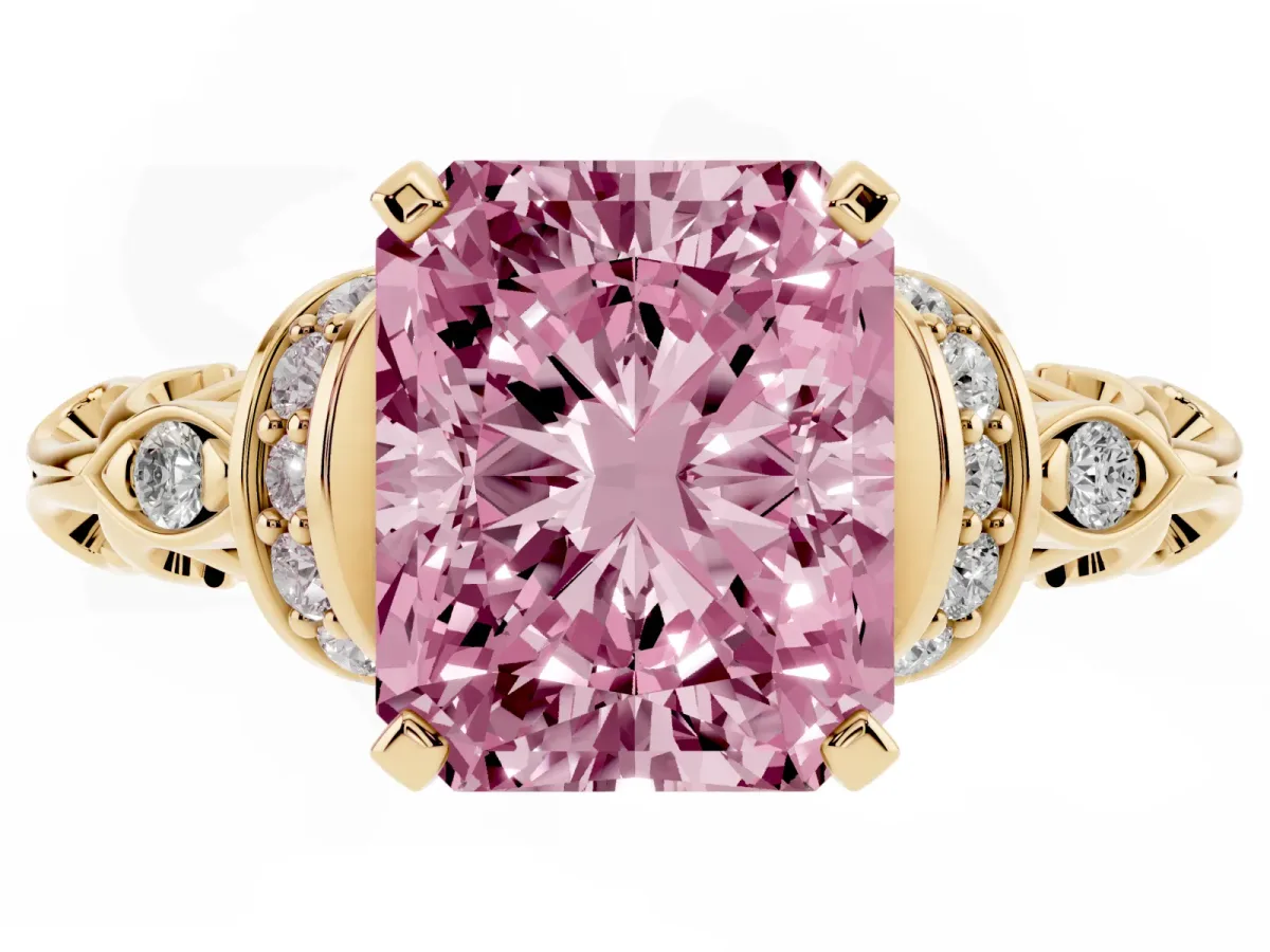 Fancy Pink Radiant Cut Diamond Solitaire Ring with Filigree Band and Four-Prong Setting Yellow gold