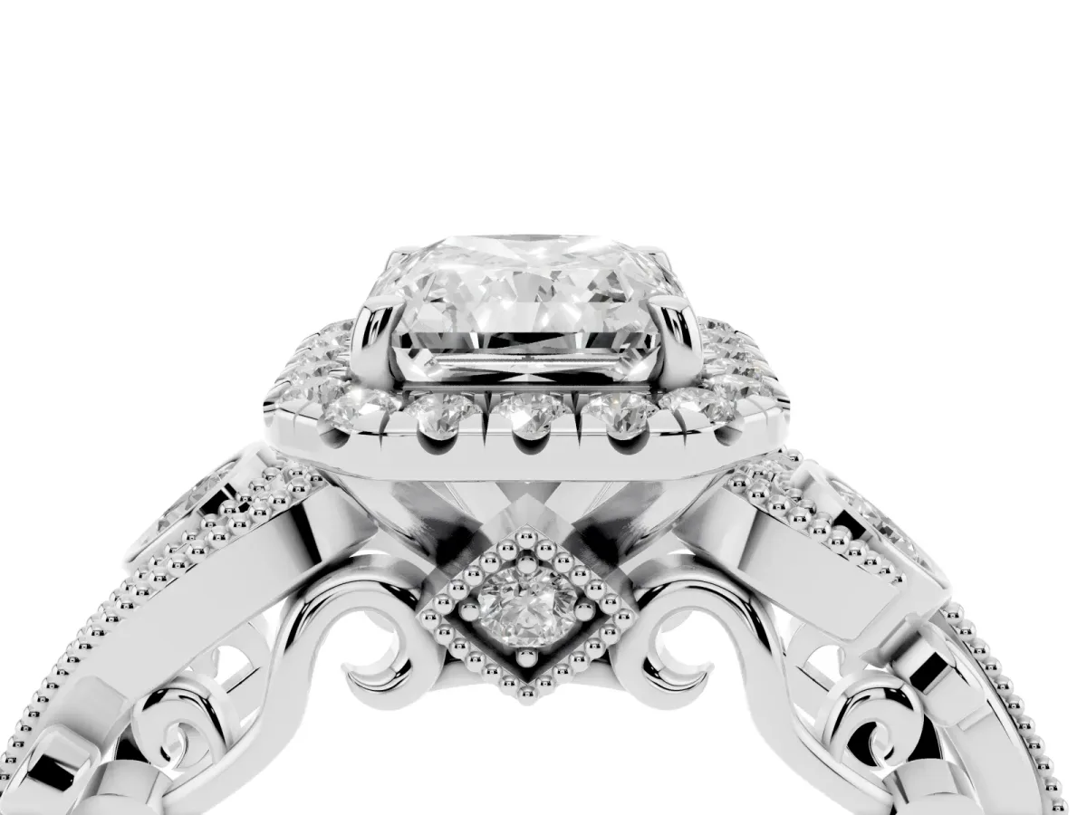 Radiant Cut Halo Diamond Ring with Milgrain and Bezel Accents on a Split Shank Band Platinum