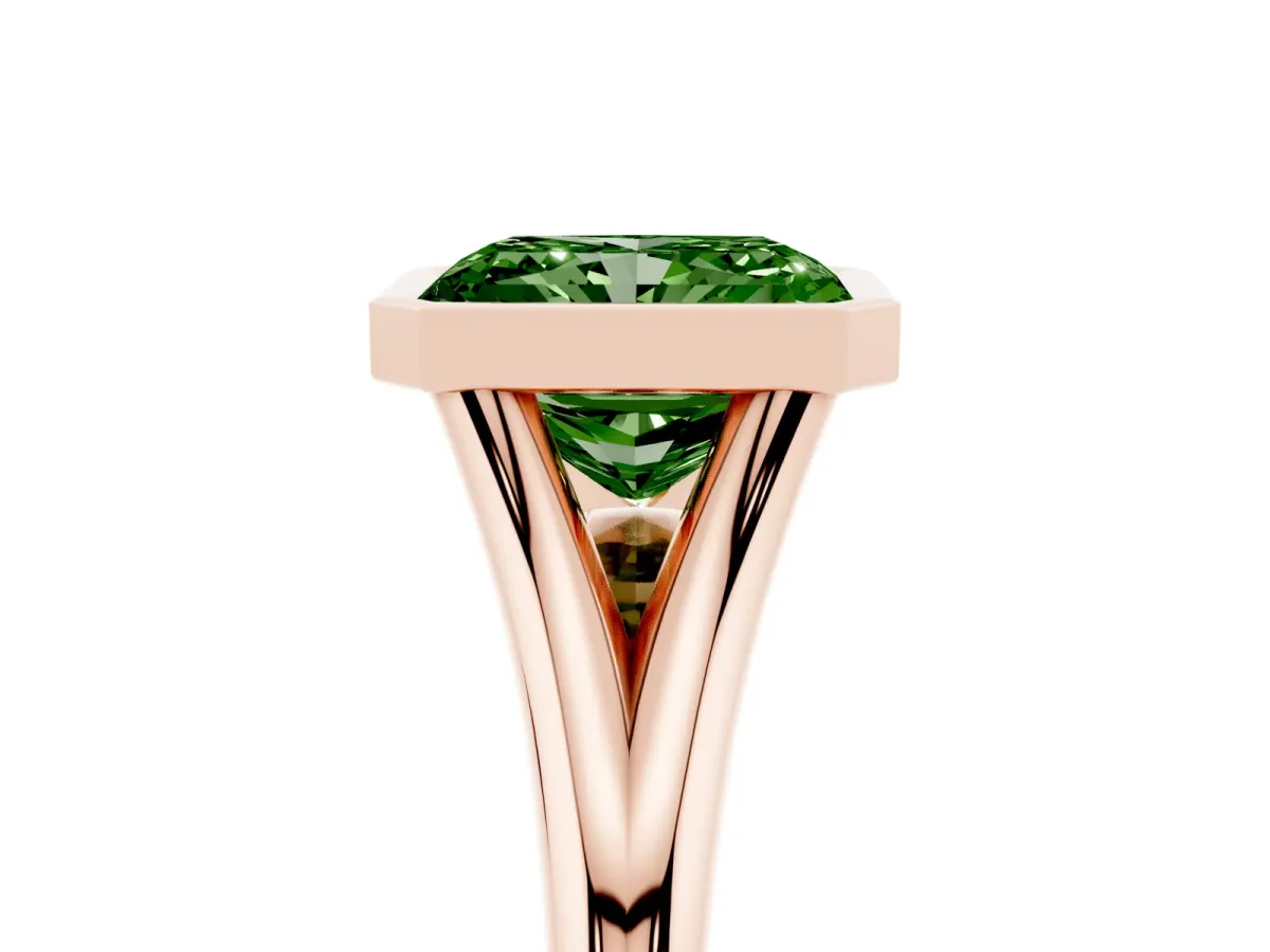 Fancy Green Bezel Set Radiant Cut Cut Solitaire Ring with Tapered Band Rose gold