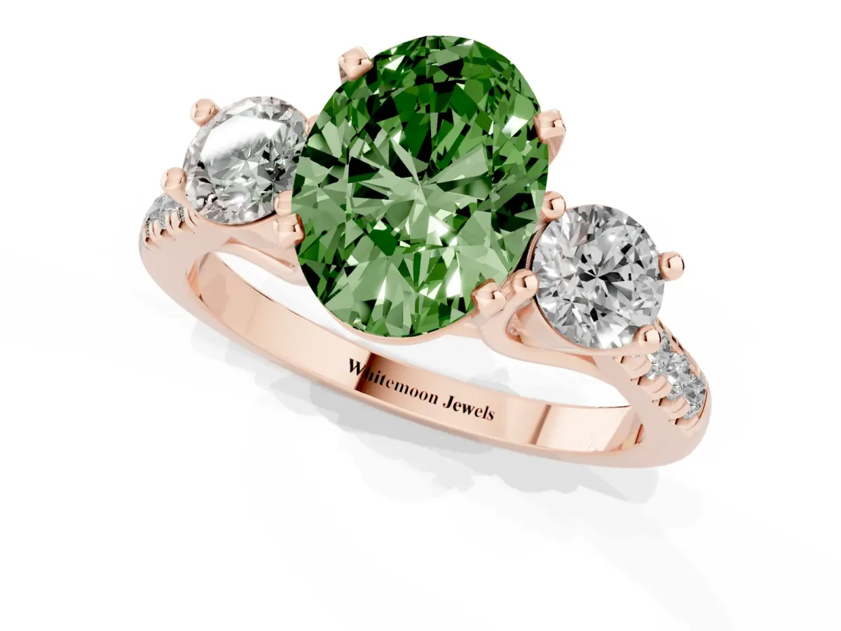 Fancy Green Three-Stone Oval Cut Diamond Pavé Band with Four-Prong Setting Rose gold
