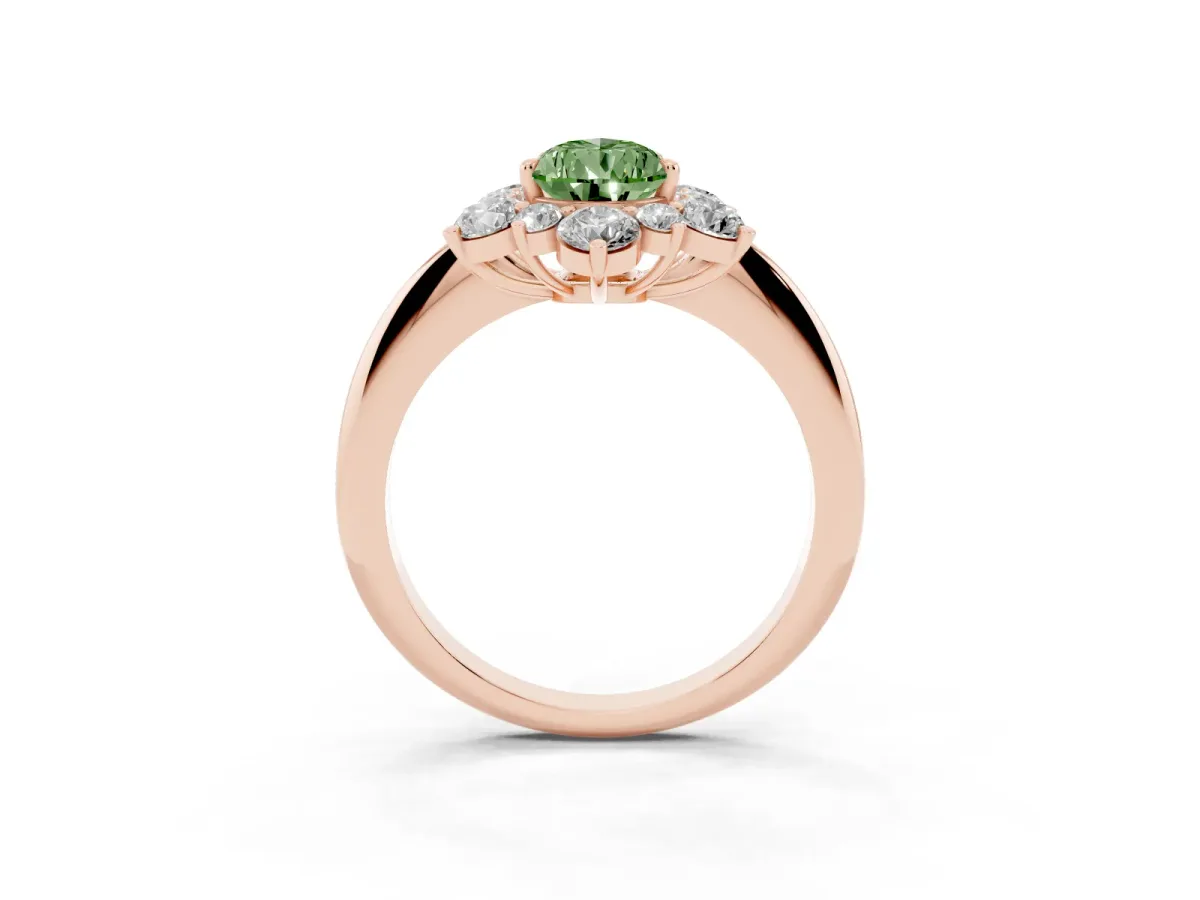 Fancy Green Pear Cut Diamond Cluster Halo Ring with Solitaire Band and Four-Prong Setting Rose gold