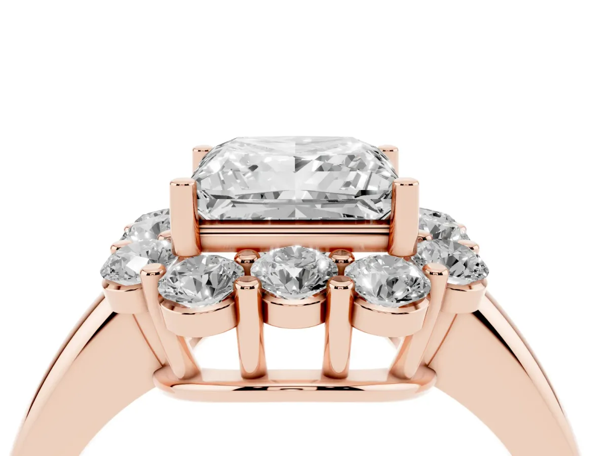 Princess Cut Halo Milgrain Solitaire with Bezel Set Side Stones and Pave Band Rose gold