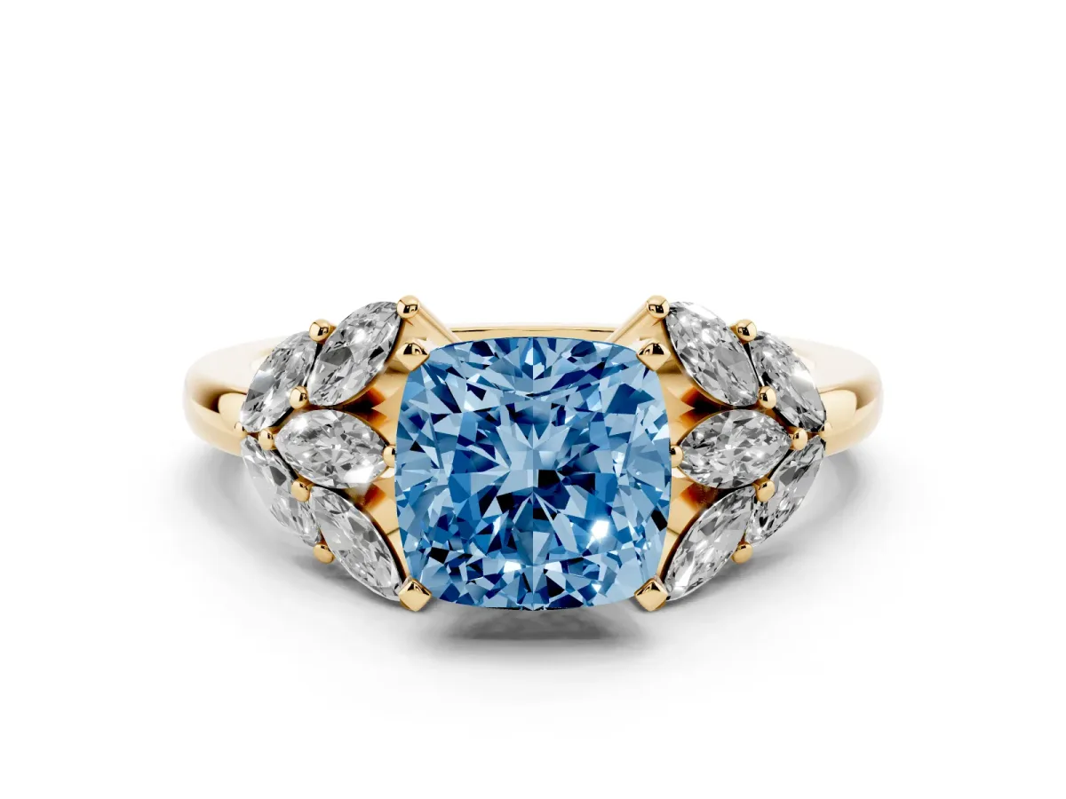 Fancy Blue Cushion Cut Diamond Cluster Leaf Design Ring with Prong Setting Yellow gold