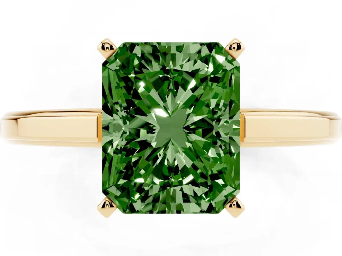 Fancy Green Radiant Cut Solitaire Diamond Ring with Four-Prong Setting and Classic Band Yellow gold