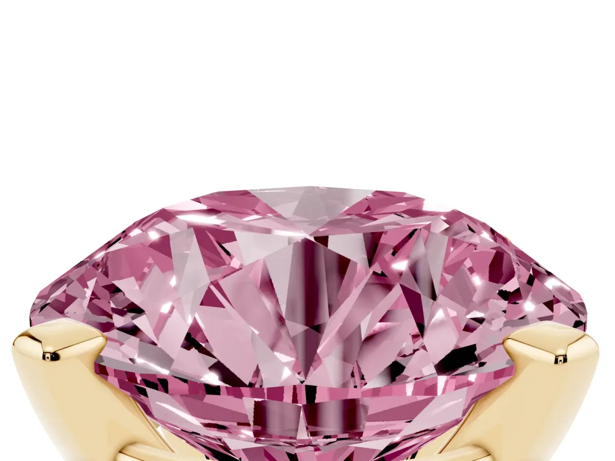 Fancy Pink Round Cut Diamond Solitaire Ring with Prong Setting and Classic Band Yellow gold