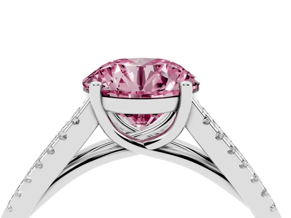 Fancy Pink Round Cut Diamond Solitaire Engagement Ring with Split Shank Pavé Band Platinum