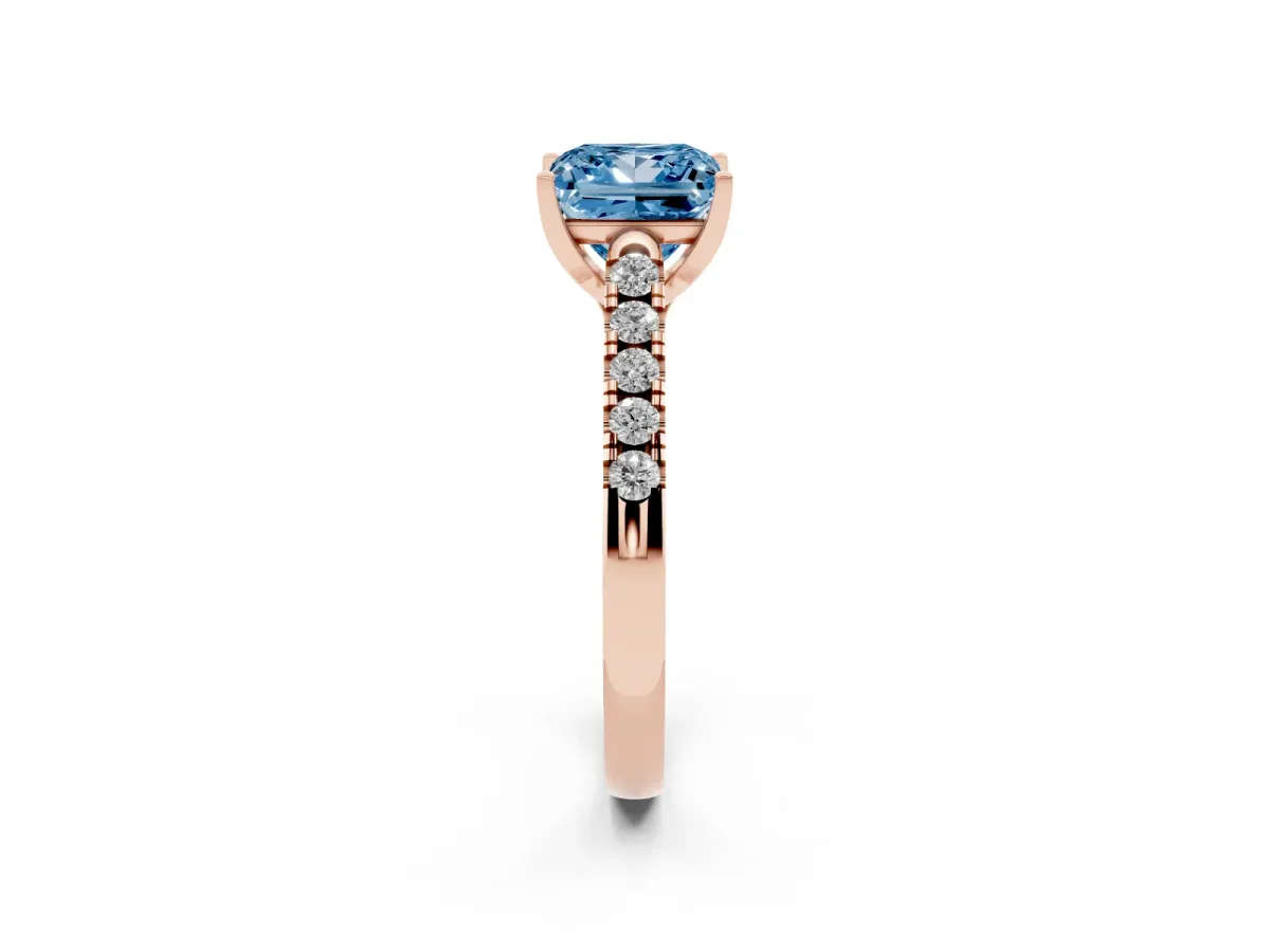 Fancy Blue Princess Cut Diamond Pavé Band Solitaire Ring with Prong Setting Rose gold
