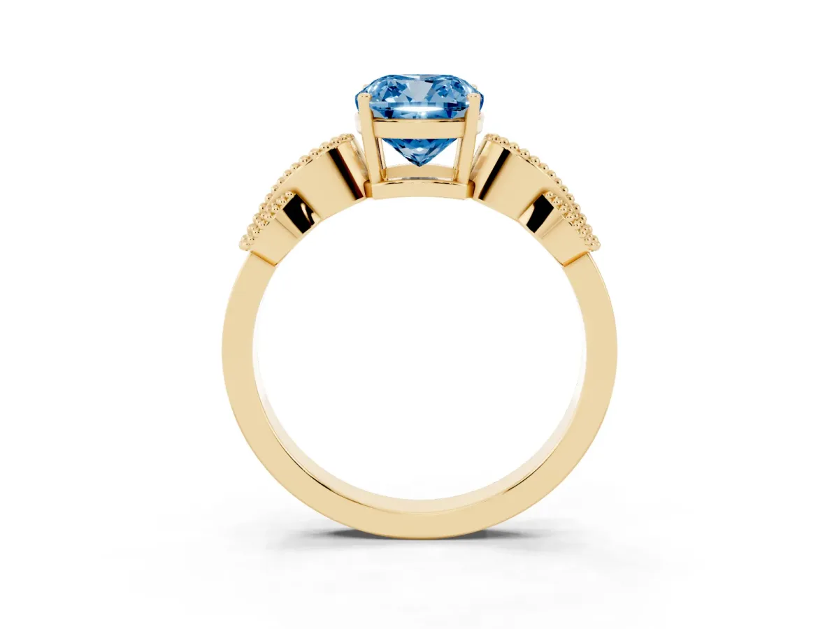Fancy Blue Cushion Cut Solitaire Milgrain Leaf Band with Prong Setting Yellow gold