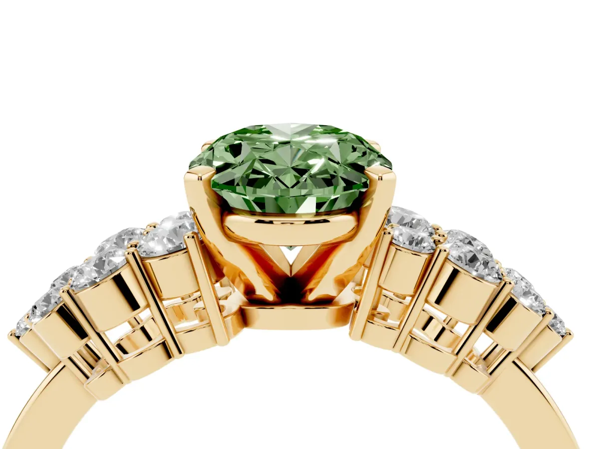Fancy Green Oval Cut Cluster Diamond Engagement Ring with Pavé Band and Four-Prong Setting Yellow gold