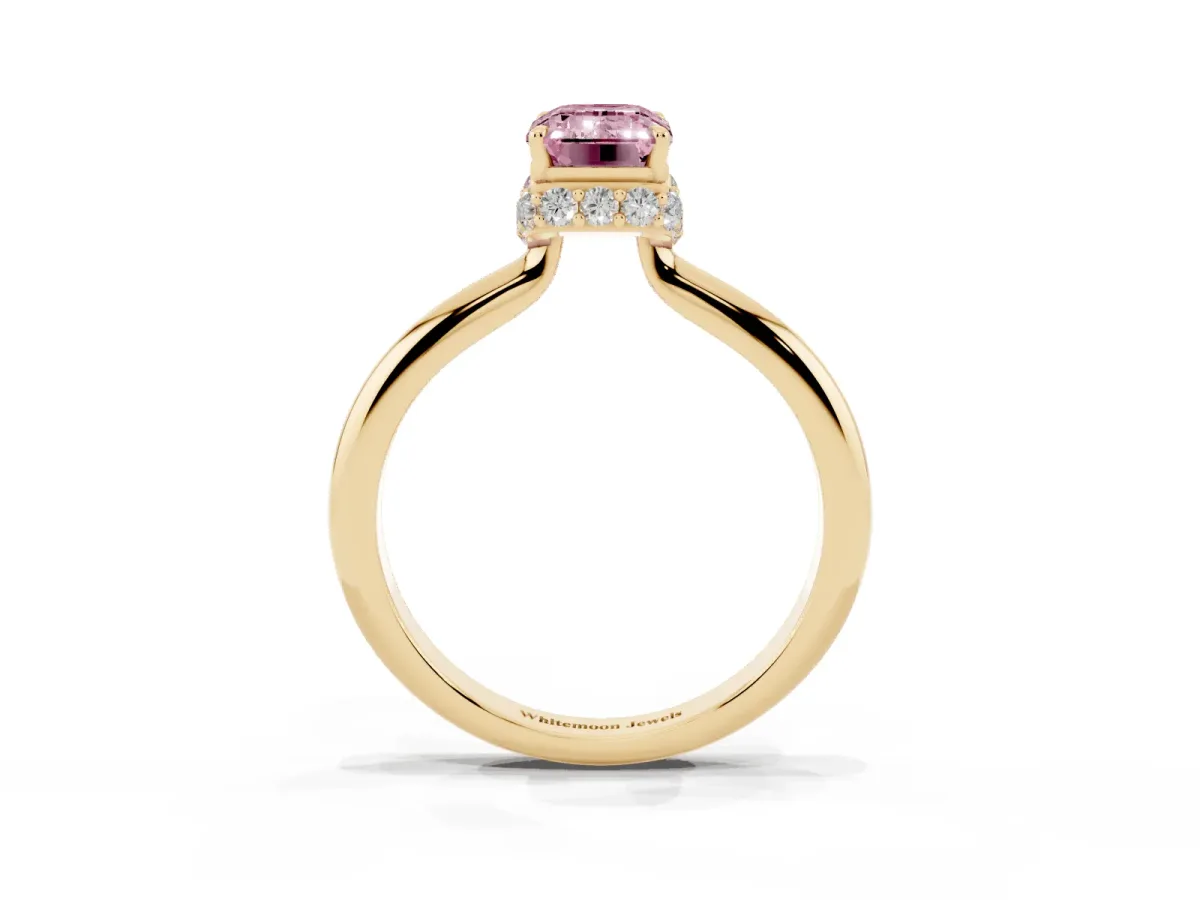 Fancy Pink Emerald Cut Brilliant Solitaire Engagement Ring with Six-Prong Setting and Classic Band Yellow gold