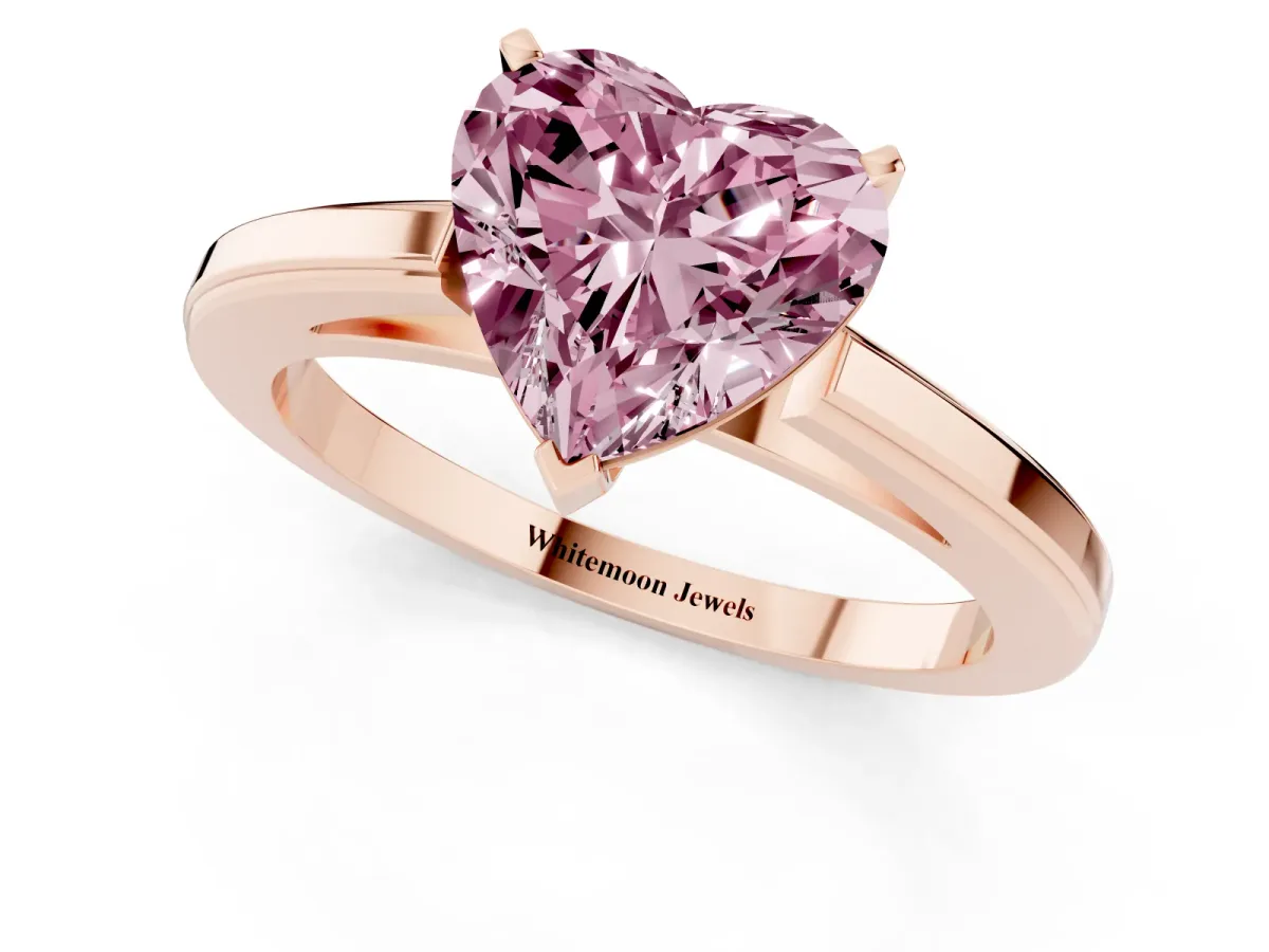Fancy Pink Heart Cut Solitaire Diamond Ring with Four-Prong Setting and Classic Band Rose gold