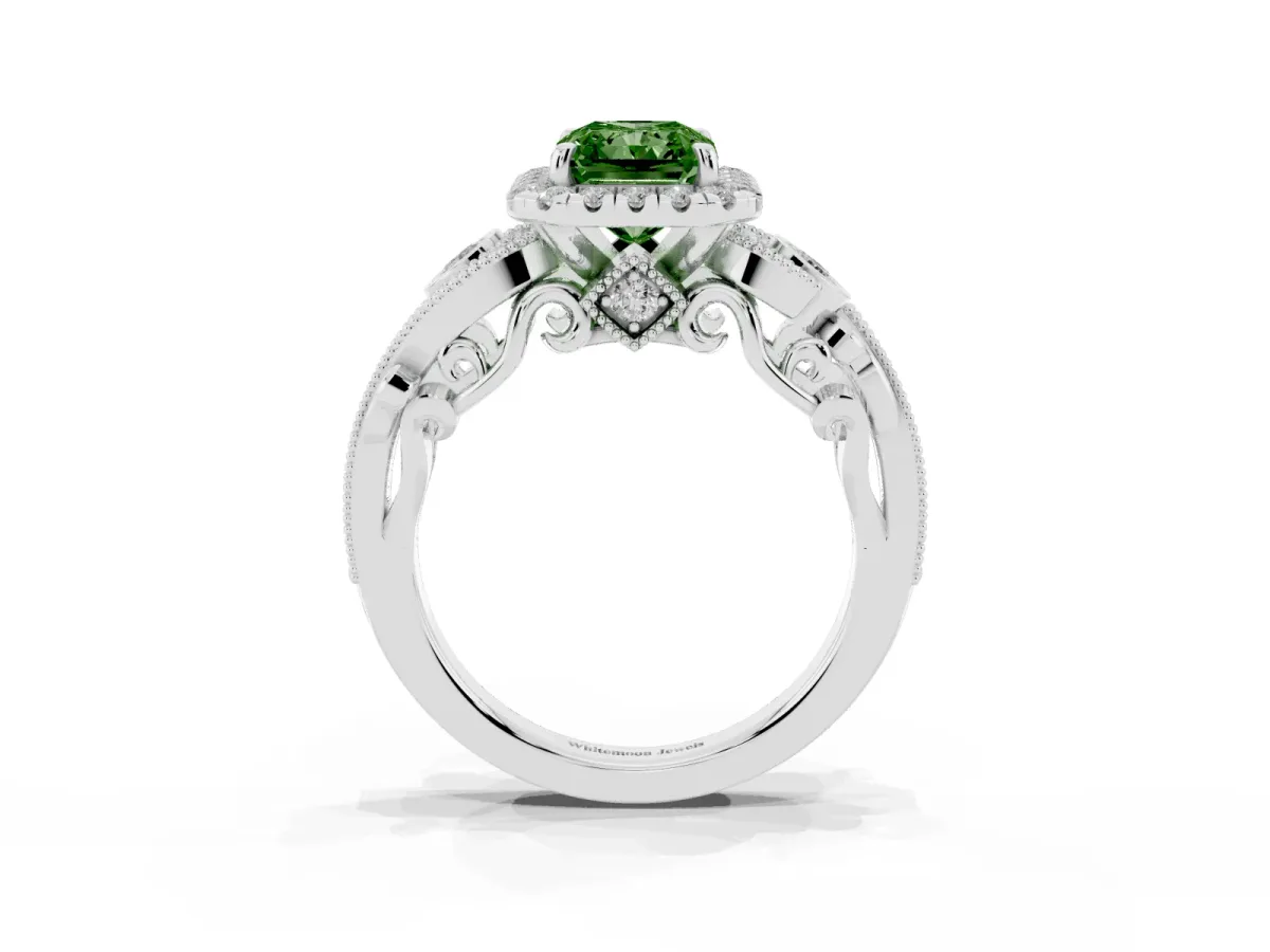 Fancy Green Radiant Cut Halo Diamond Ring with Milgrain and Bezel Accents on a Split Shank Band White gold