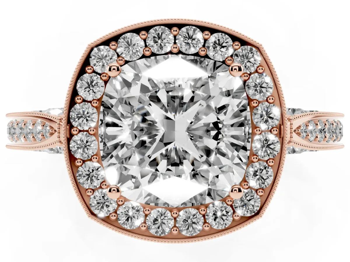 Cushion Cut Halo Diamond Engagement Ring with Split Shank Band and Four-Prong Setting Rose gold