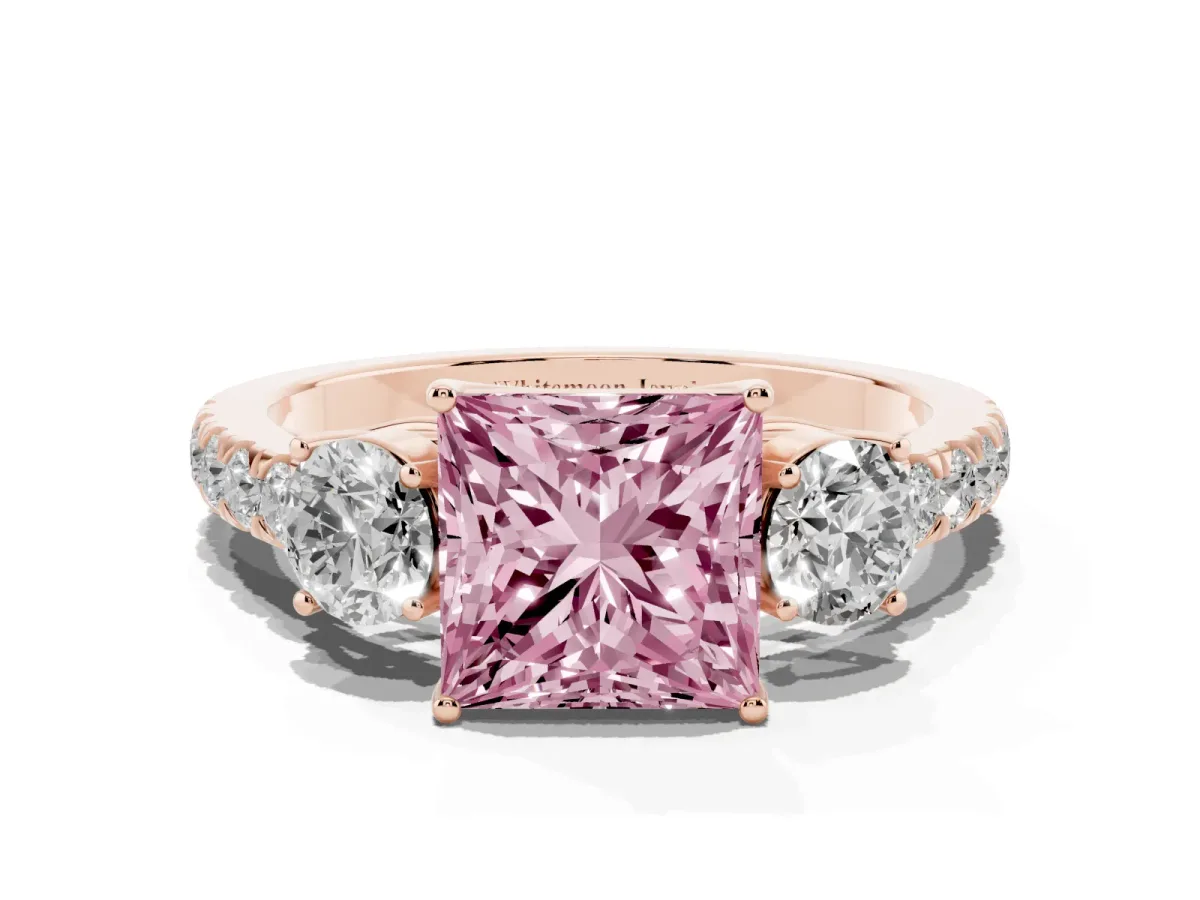 Fancy Pink Princess Cut Cut Diamond Three-Stone Ring with Round Side Stones and Pavé Band Rose gold