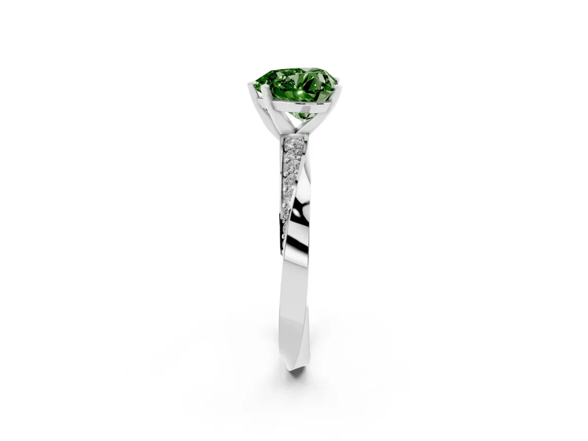 Fancy Green Heart Cut Diamond Engagement Ring with Side Stone Accents and Four-Prong Setting Silver