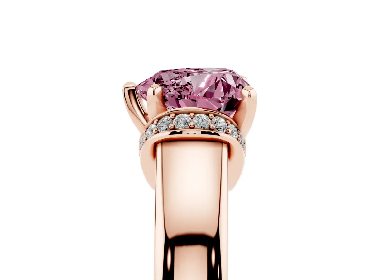 Fancy Pink Heart Cut Solitaire Diamond Ring with Pave Band and Six-Prong Setting Rose gold