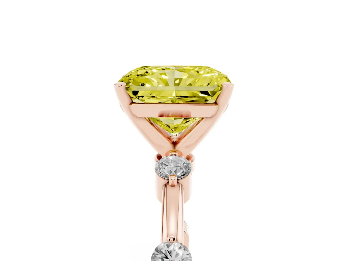 Fancy Yellow Radiant Cut Solitaire Diamond Ring with Bezel Set Side Stones and Prong Setting Rose gold