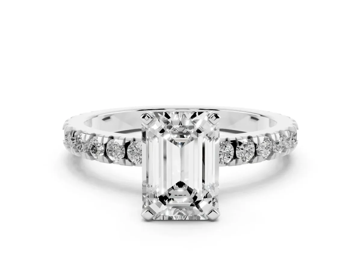 Emerald Cut Diamond Pavé Band Solitaire with Four-Prong Setting Silver