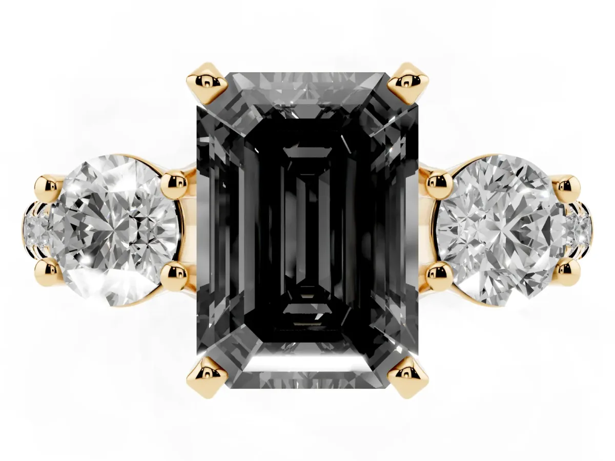 Fancy Black Three-Stone Emerald Cut Diamond Pavé Band with Four-Prong Setting Yellow gold