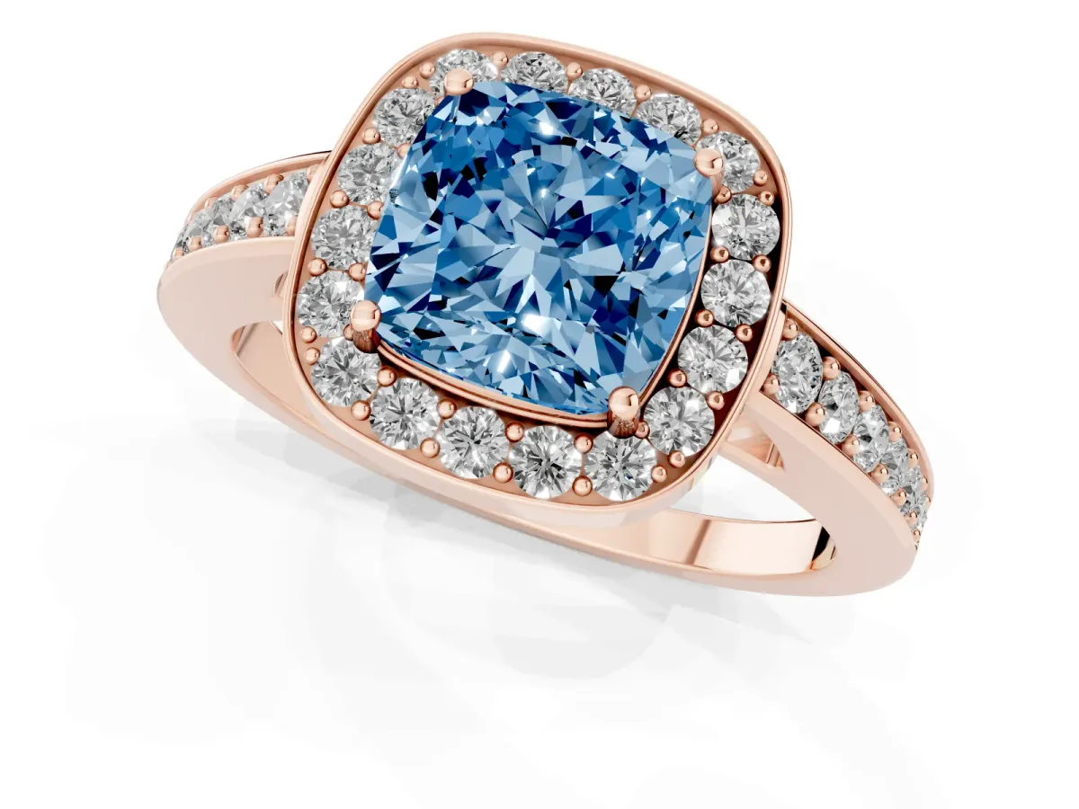 Fancy Blue Cushion Cut Halo Pavé Diamond Engagement Ring with Bezel Setting Rose gold